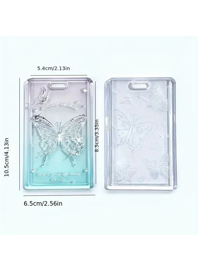 Four Butterflies Transparent Dustproof Slide Cover Card Holder Portable Photo Protector Display Sleeve With Keychain PS Material Light Blue White Butterfly Design - Image 2
