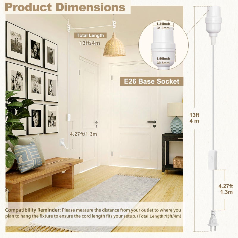 DiCUNO Hanging Lantern Extension Cord Cable, E26 Pendant Light Socket On Off Inline Cord Switch Control Lamp, Switch Close to Polarized Plug, 13 Feet, White, 1-Pack - Image 2