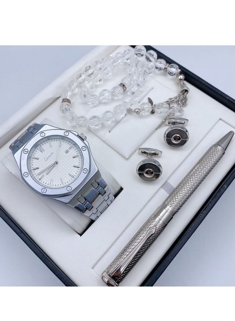 A high-quality, elegant men's watch gift set from Catery, a silver bracelet and a White dial with the date display