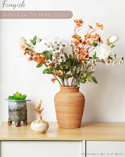 FONYICK Rattan Vase, Small Braided Boho Vases for Pampas Grass & Flower Arrangement, Hand Woven Vases Decor, Rustic Farmhouse Round Wicker Vase Basket for Centerpieces,6" D x 8" H, Brown - Image 3
