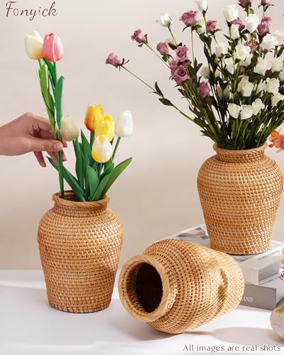 FONYICK Rattan Vase, Small Braided Boho Vases for Pampas Grass & Flower Arrangement, Hand Woven Vases Decor, Rustic Farmhouse Round Wicker Vase Basket for Centerpieces,6" D x 8" H, Brown - Image 5