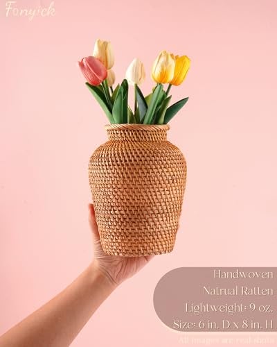 FONYICK Rattan Vase, Small Braided Boho Vases for Pampas Grass & Flower Arrangement, Hand Woven Vases Decor, Rustic Farmhouse Round Wicker Vase Basket for Centerpieces,6" D x 8" H, Brown - Image 2