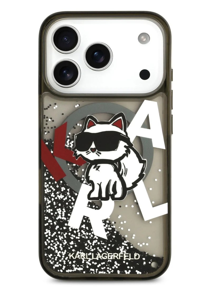 كارل لاغرفيلد جراب ماج سيف السائل اللامع لهاتف آيفون 17 برو ماكس مع شعار تشوبيت منتشر / سهل التركيب / تصميم رفيع / خفيف الوزن / غطاء خلفي - أسود - Image 1