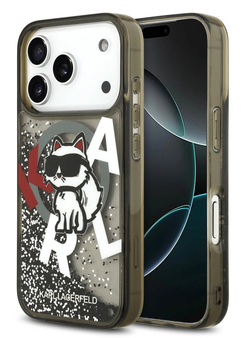 كارل لاغرفيلد جراب ماج سيف السائل اللامع لهاتف آيفون 17 برو ماكس مع شعار تشوبيت منتشر / سهل التركيب / تصميم رفيع / خفيف الوزن / غطاء خلفي - أسود - Image 2