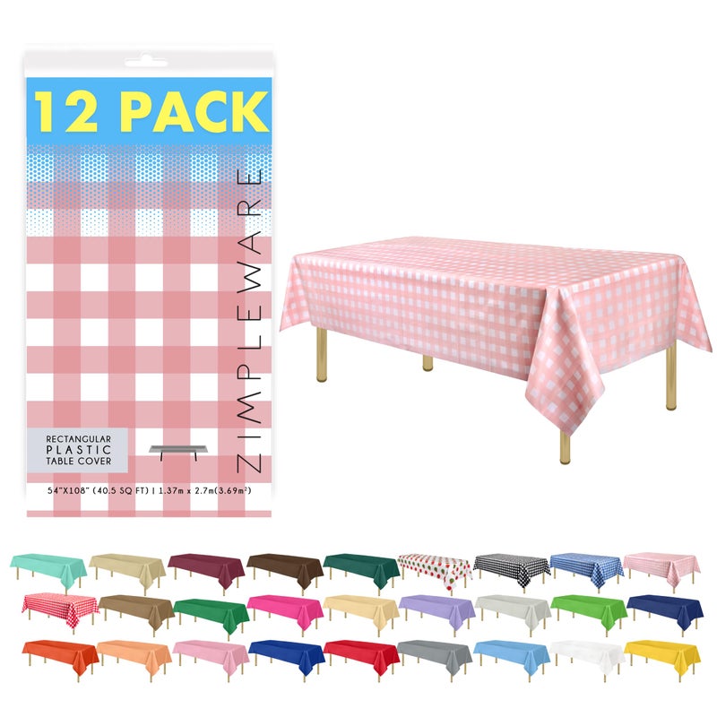 ZIMPLEWARE Premium Pink Gingham Checkered Plastic Table Cloth Disposable 12 Pk Plastic Tablecloths for Rectangle Tables 54in x 108in Party Table Cloths Disposable for 6ft to 8ft Rectangle Tables