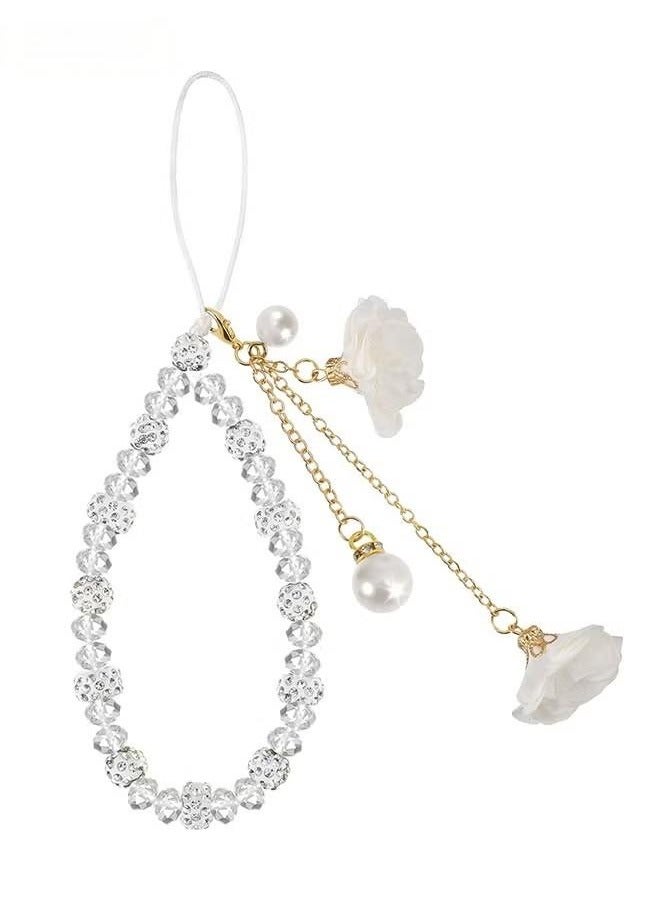 Mobile Phone lanyard - Phone Strap - Glitter Phone Lanyard Wristband, Beaded Phone Strap Lanyard Color Universal Anti-Lost Phone Chain, White - Image 1