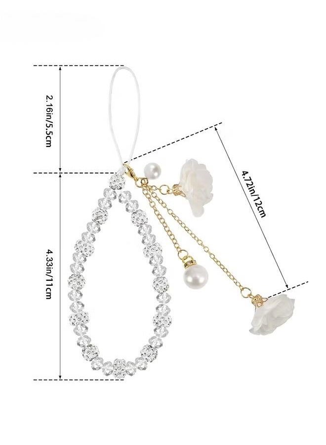 Mobile Phone lanyard - Phone Strap - Glitter Phone Lanyard Wristband, Beaded Phone Strap Lanyard Color Universal Anti-Lost Phone Chain, White - Image 2