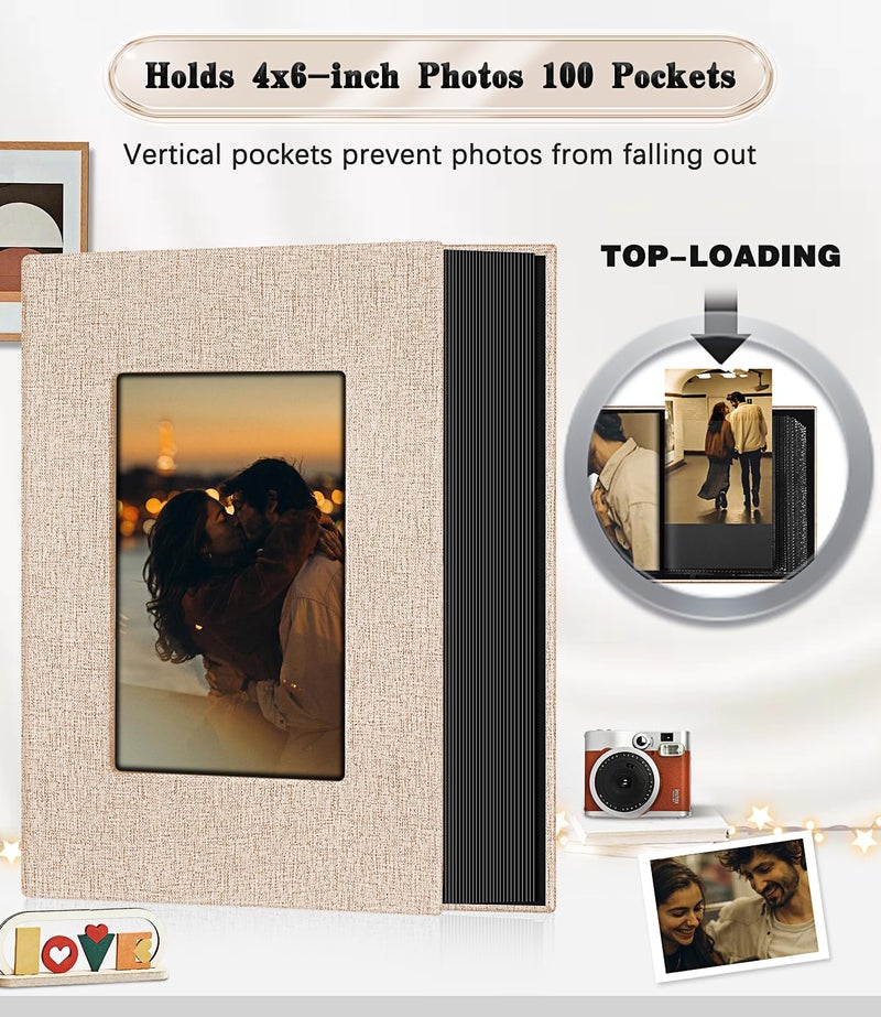 Ejblfe Photo Album 4x6,Linen Cover Slide-in Photo Album Book Can Holds 100 4x6 Photos with 50 Black Sheets for Family,Wedding,Baby and Holiday Pictures (Beige) - Image 3