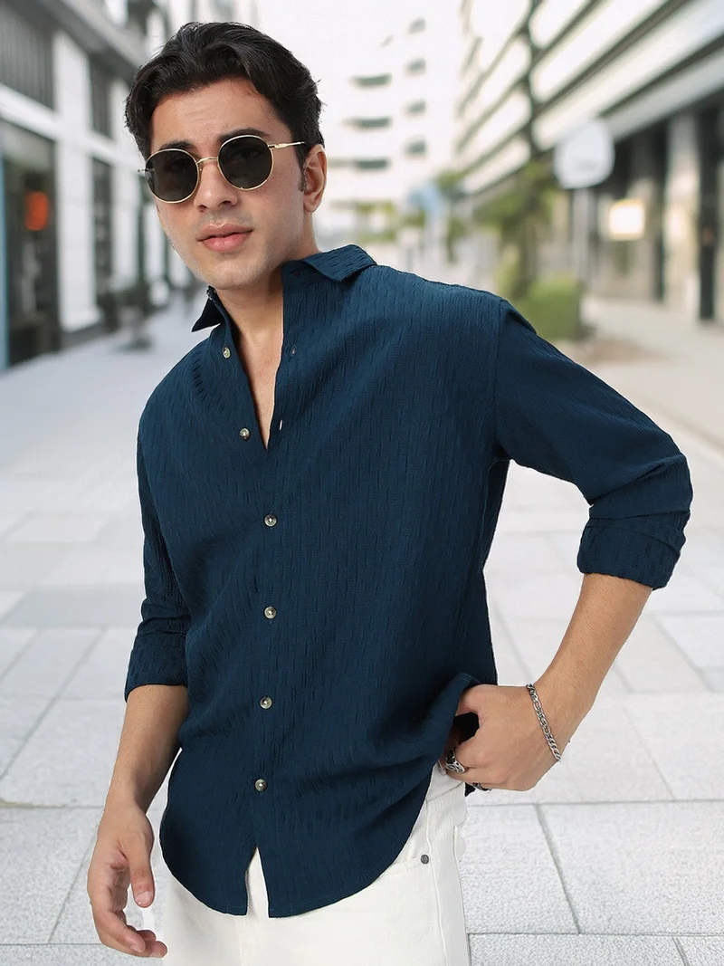 أوربانو فاشن Urbano Fashion Men's Blue Cotton Full Sleeve Regular Fit Textured Shirt with Spread Collar