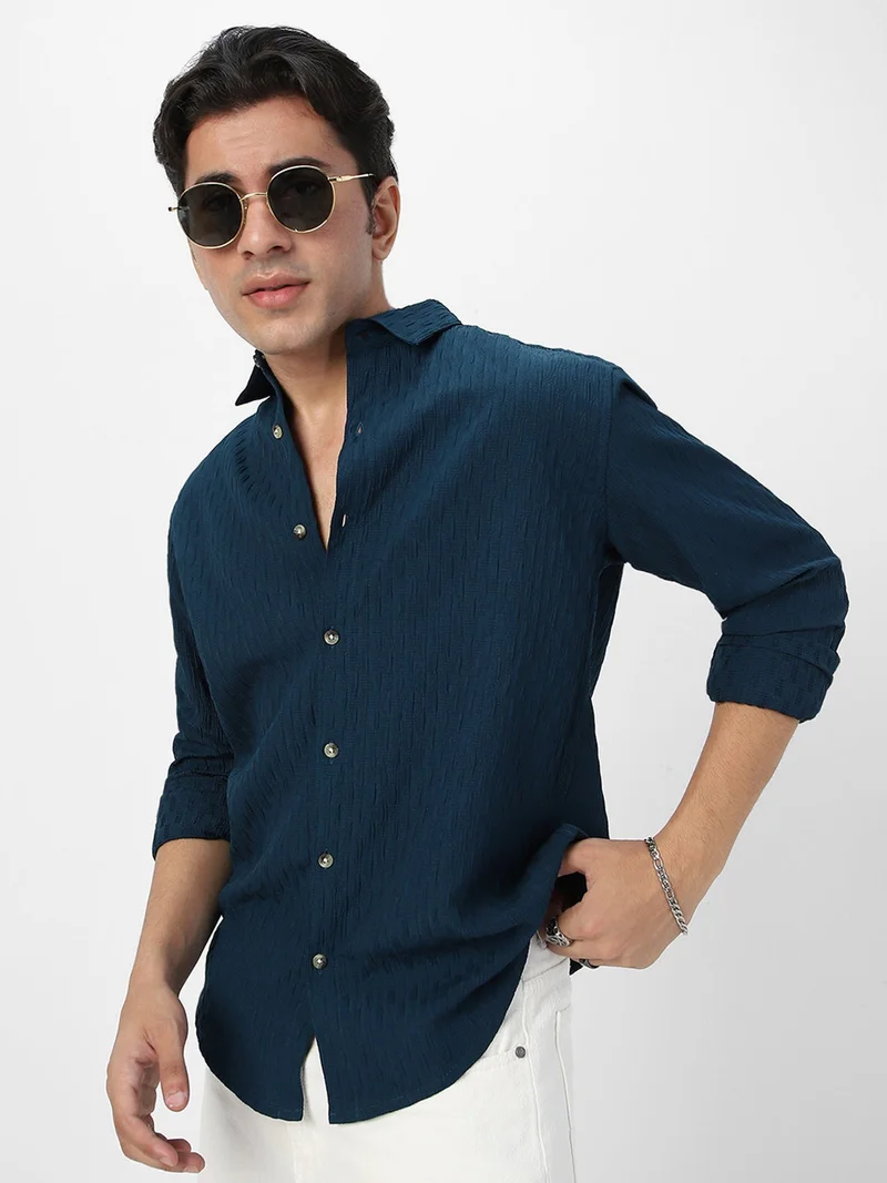 أوربانو فاشن Urbano Fashion Men's Blue Cotton Full Sleeve Regular Fit Textured Shirt with Spread Collar