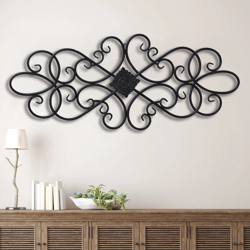 Sintosin Black Wrought Iron Wall Decor 32 x 13 Hanging Flower Scroll Metal Wall Art Decor Living Room Wall Decor Vintage House Decorations for Indoor Outdoor Fireplace Bedroom