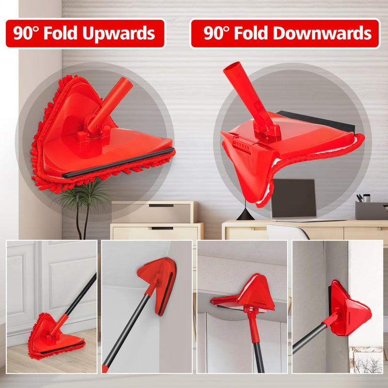 NEWE Wall Mop Cleaner with 80 inches Long Handle, 180Â° Folding Ceiling Cleaning Tool with Squeegee for Washing Painted Walls, Triangle Baseboard Scrubber with 3 Chenille Duster and 3 Microfiber Pads - Image 4