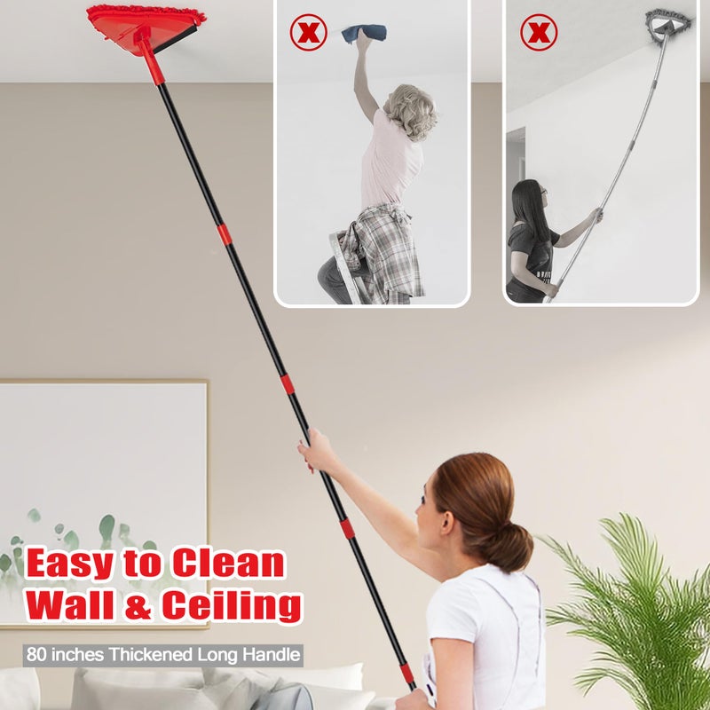 NEWE Wall Mop Cleaner with 80 inches Long Handle, 180Â° Folding Ceiling Cleaning Tool with Squeegee for Washing Painted Walls, Triangle Baseboard Scrubber with 3 Chenille Duster and 3 Microfiber Pads - Image 2