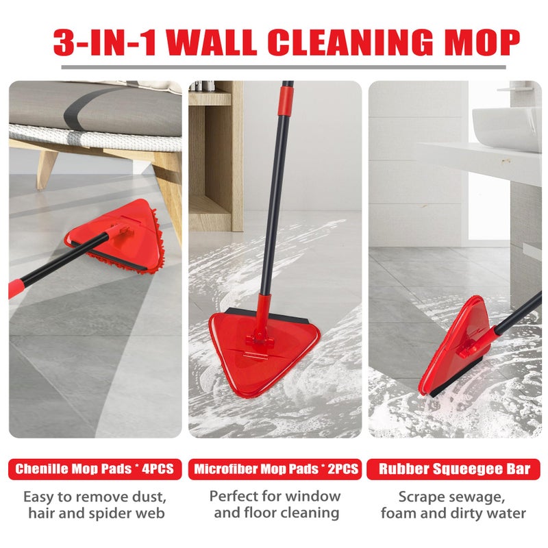 NEWE Wall Mop Cleaner with 80 inches Long Handle, 180Â° Folding Ceiling Cleaning Tool with Squeegee for Washing Painted Walls, Triangle Baseboard Scrubber with 3 Chenille Duster and 3 Microfiber Pads - Image 3