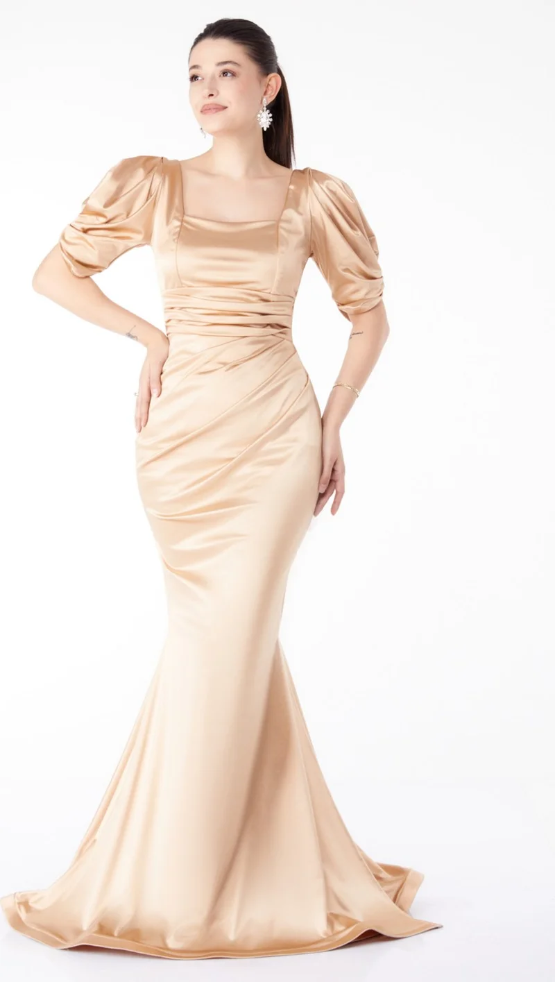 Tofisa Plain Cowl Neck Women's Yellow Pleated Short Sleeve Evening Dress - 25520