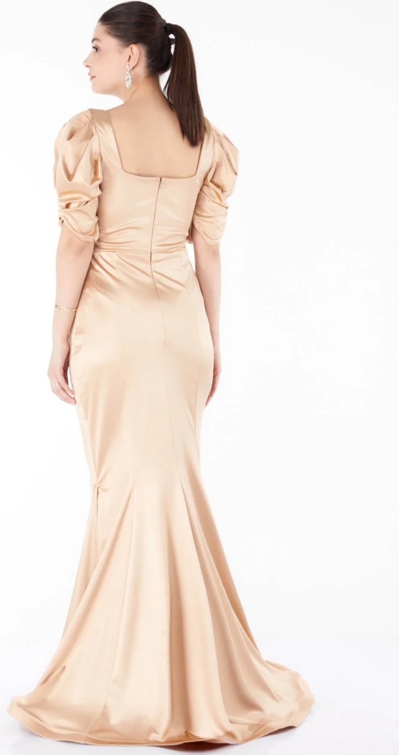 Tofisa Plain Cowl Neck Women's Yellow Pleated Short Sleeve Evening Dress - 25520