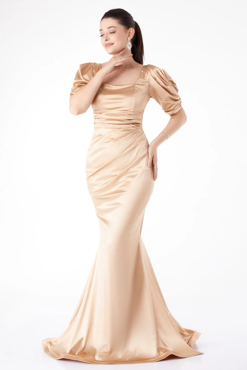 Tofisa Plain Cowl Neck Women's Yellow Pleated Short Sleeve Evening Dress - 25520