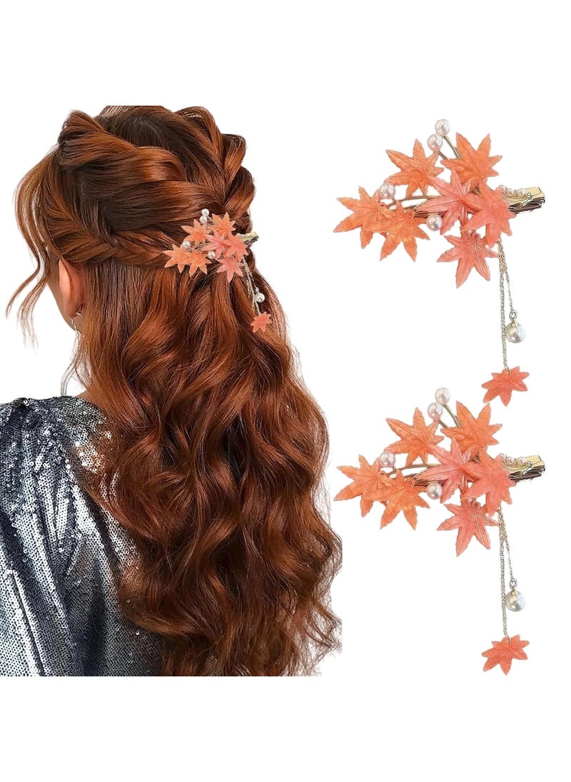BASEMMAHER 2Pcs Maple Leaf Hair Clip Thanksgiving Metal Orange Maple Leave Hairpins Vintage Pearl Tassel Fall Headpieces Hair Accessories for Women Girls Thick Thin Hair Autumn Party Daily Use 