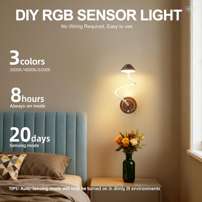 مصباح حائط DIY، عبوة من قطعتين، ضوء RGB لاسلكي قابل لإعادة الشحن مع حساس، مصباح طاولة حديث مع حساس حركة USB، وضع التشغيل المستمر لمدة 8 ساعات، وضع الاستشعار لمدة 20 يومًا، لا يتطلب توصيلات كهربائية لطاولة السرير في غرفة النوم - Image 3