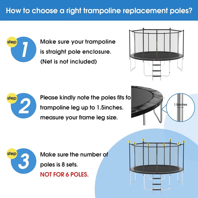 MSSVIGING 8 Universal Trampoline Enclosure Net Poles, Trampoline Poles Replacement and Hardware Fits 8 Straight Poles Round Frame - Image 3