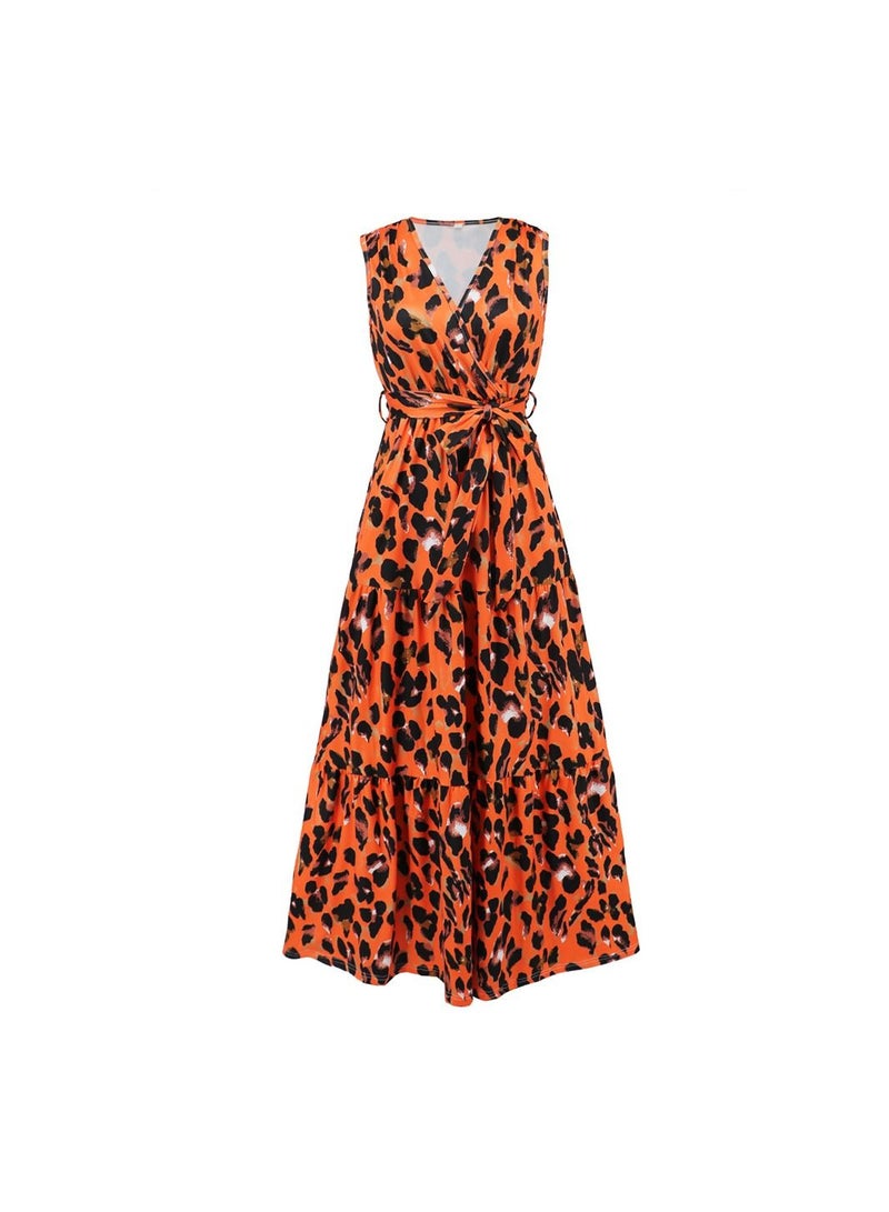 Loquat V-neck Leopard Print Slimming Lace Up Dress  - Image 1