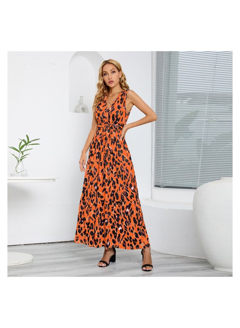 Loquat V-neck Leopard Print Slimming Lace Up Dress  - Image 3