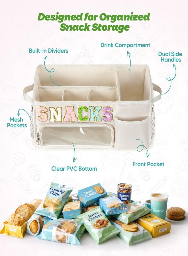 Fasrom Large Snack Organizer for Countertop, Chenille Letter Snack Basket Organizer with 6 Compartments, Pantry Storage Bin with Handles, Food Container Snack Box for Chips, Candy, and Snacks, Beige - Image 2