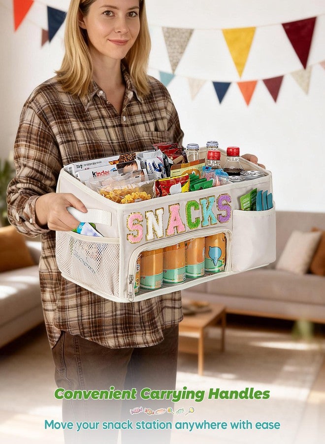 Fasrom Large Snack Organizer for Countertop, Chenille Letter Snack Basket Organizer with 6 Compartments, Pantry Storage Bin with Handles, Food Container Snack Box for Chips, Candy, and Snacks, Beige - Image 5