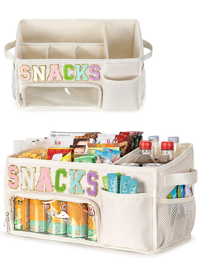 Fasrom Large Snack Organizer for Countertop, Chenille Letter Snack Basket Organizer with 6 Compartments, Pantry Storage Bin with Handles, Food Container Snack Box for Chips, Candy, and Snacks, Beige - Image 1