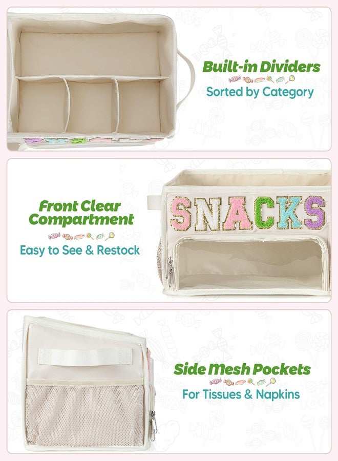 Fasrom Large Snack Organizer for Countertop, Chenille Letter Snack Basket Organizer with 6 Compartments, Pantry Storage Bin with Handles, Food Container Snack Box for Chips, Candy, and Snacks, Beige - Image 3