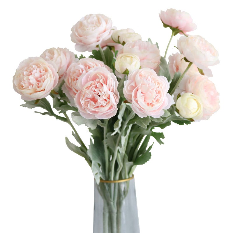 Htmeing 6PCS Artificial Ranunculus Flowers with Real Touch Stem Silk Ranunculus Flowers for Household Arrangement (Pink) - Image 1