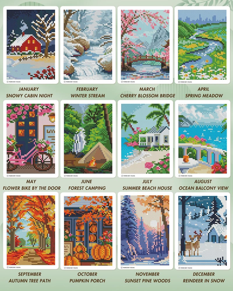 Forever young Foreveryoung Minigem Small Diamond Art Kits for Beginners, 12Pcs Square Drill Diamond Painting Kits for Adults 3-Hour Painting, Postcard-Style Mini Diamond Art Kits for Adults 5x7 Inch (Twelve Months) - Image 3