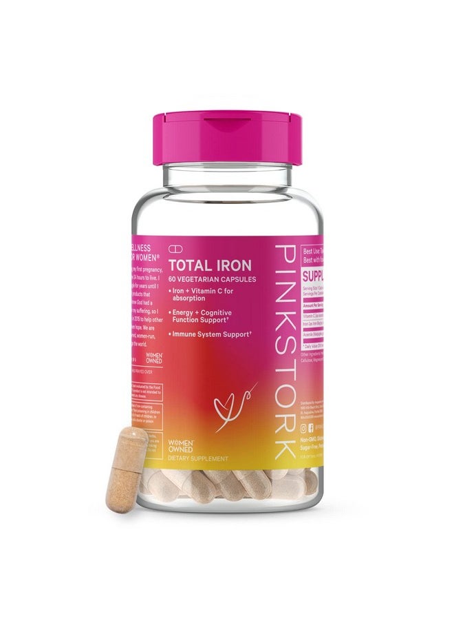 Pink Stork - Total Iron: Iron Supplement For Women With Iron Bisglycinate & Vitamin C To Ease Fatigue And Aid Concentration Focus & Energy Support Womenowned 60 Capsules - Image 1