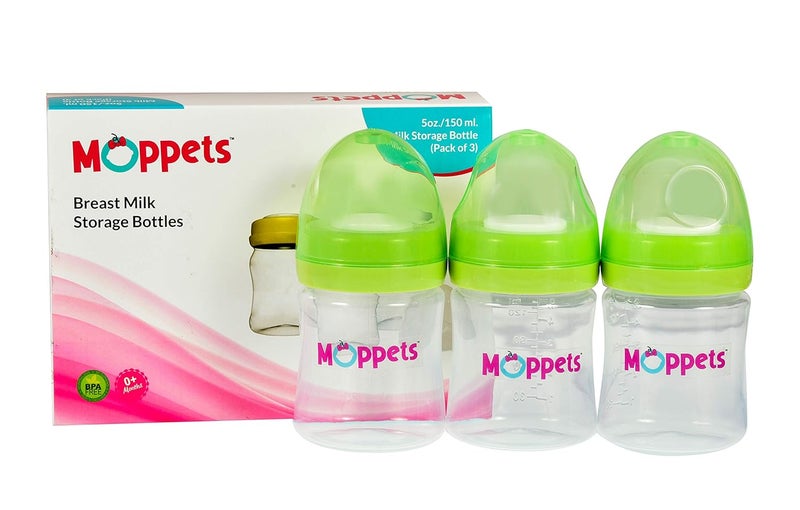 Moppets PRO-Breastmilk 3Pc Storage Bottles with Leak Proof Lid & Dust Covers (Upto 8 oz/180ml) - Store & Freeze Compatible - Image 1