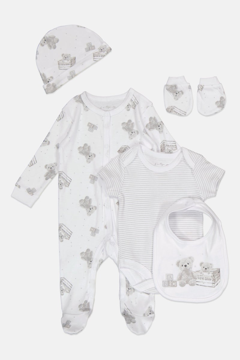 Rock-A-Bye Baby Boutique Toddlers Boy 5 pcs Graphic Print Bodysuit, Bib, Beanie And Mitts Set, Multicolor  - Image 1