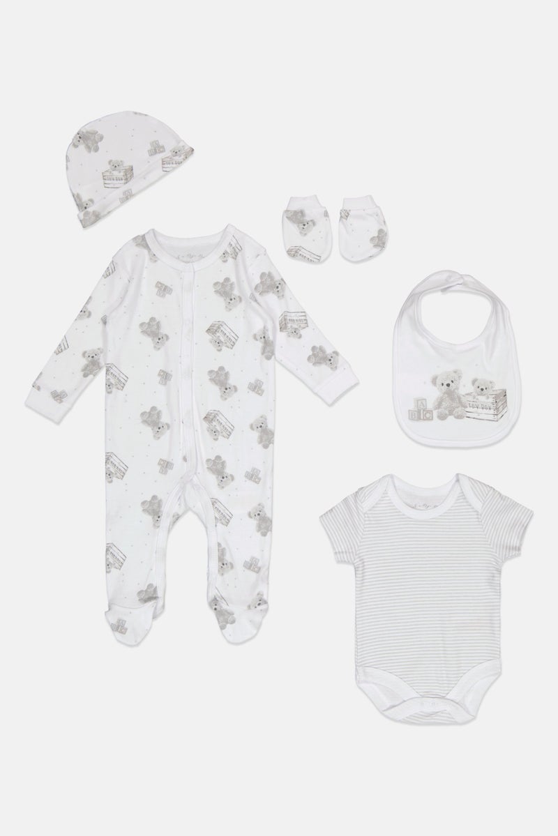 Rock-A-Bye Baby Boutique Toddlers Boy 5 pcs Graphic Print Bodysuit, Bib, Beanie And Mitts Set, Multicolor  - Image 2