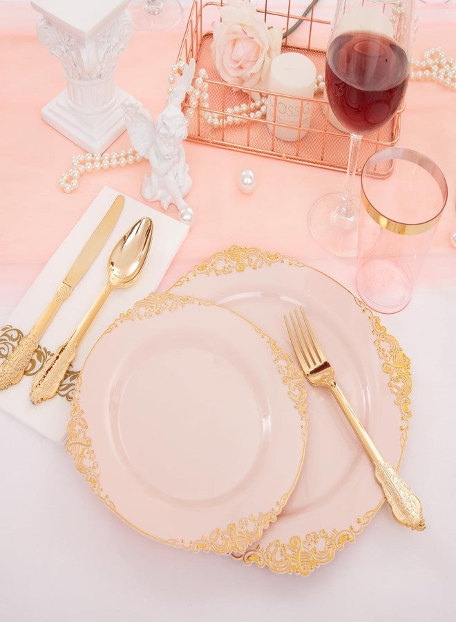 Morejoy 175pcs Pink Plastic Plates - Pink and Gold Disposable Plates, 10.25 inch Plastic Dinner Plates, Perfect for Wedding & Party & Holiday - Image 2