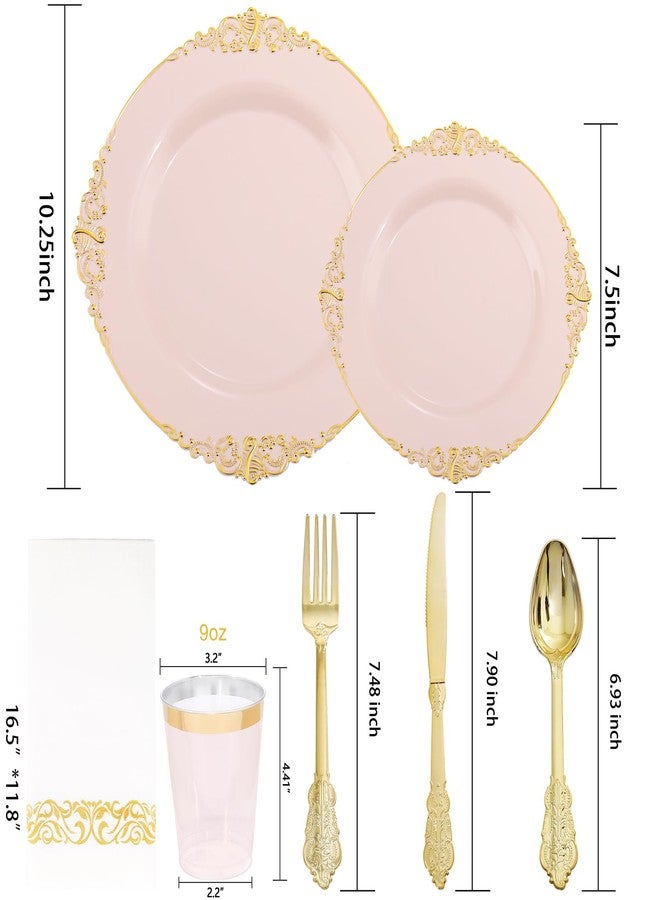 Morejoy 175pcs Pink Plastic Plates - Pink and Gold Disposable Plates, 10.25 inch Plastic Dinner Plates, Perfect for Wedding & Party & Holiday - Image 3
