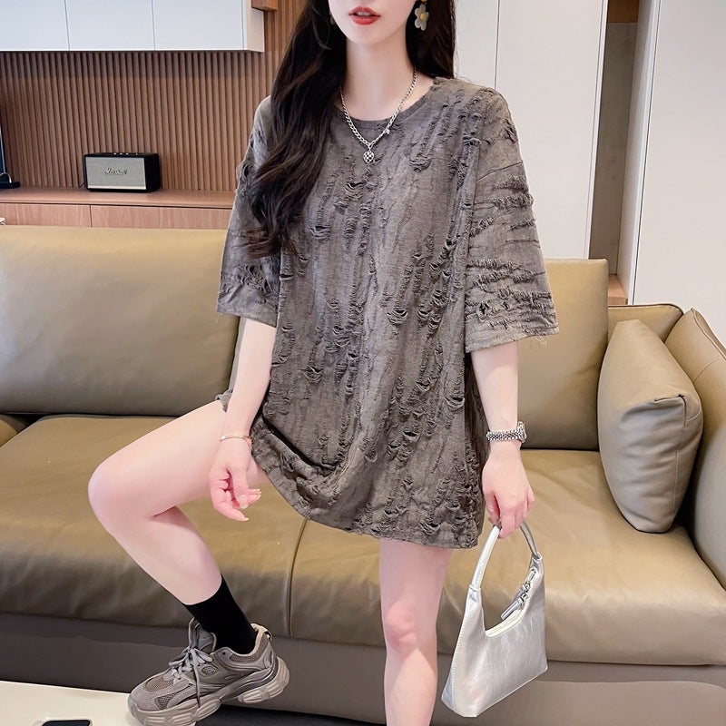 Back Collar Summer Mid-Length Cut Out Short-Sleeved Ripped T-Shirt For Women Style Fashionable Butt-Covering Top - Image 1