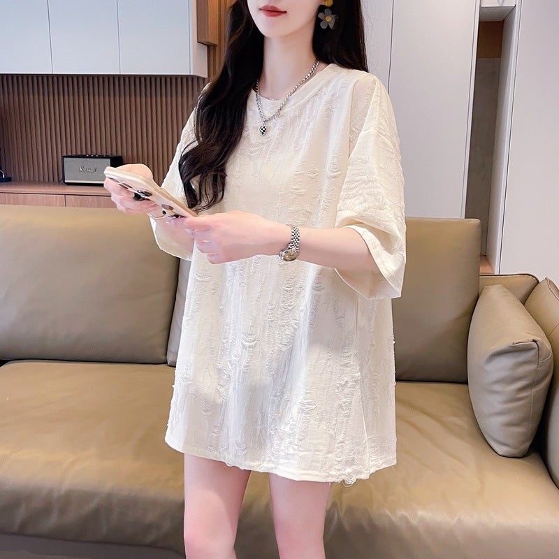 Back Collar Summer Mid-Length Cut Out Short-Sleeved Ripped T-Shirt For Women Style Fashionable Butt-Covering Top - Image 3