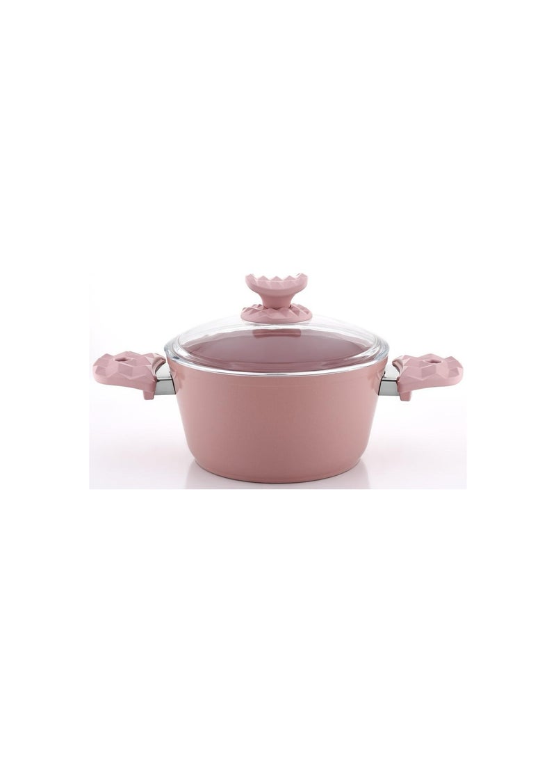 Homemaker Hella Ceramic Non-Stick Surface Casserole - 20cm - Tempered Glass Lid - PFOA Free - Pink