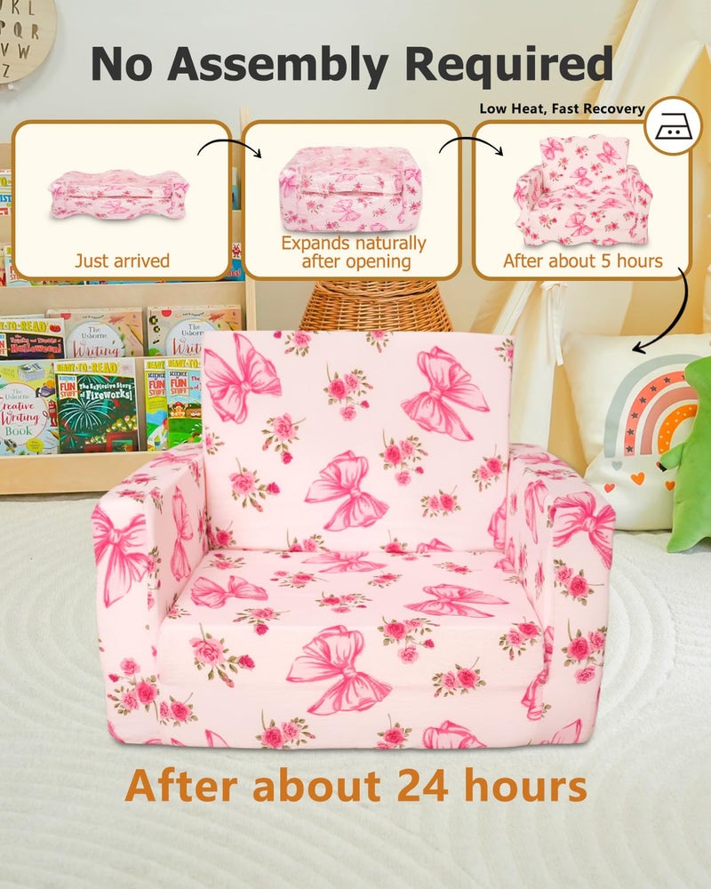 Beavtaens Kids Couch, 2-in-1 Kids Fold Out Couch, Convertible Sofa to Lounger for Girls and Boys, Soft Toddler Chairs Comfy 1-3 Years Old(Pink Bow) - Image 2