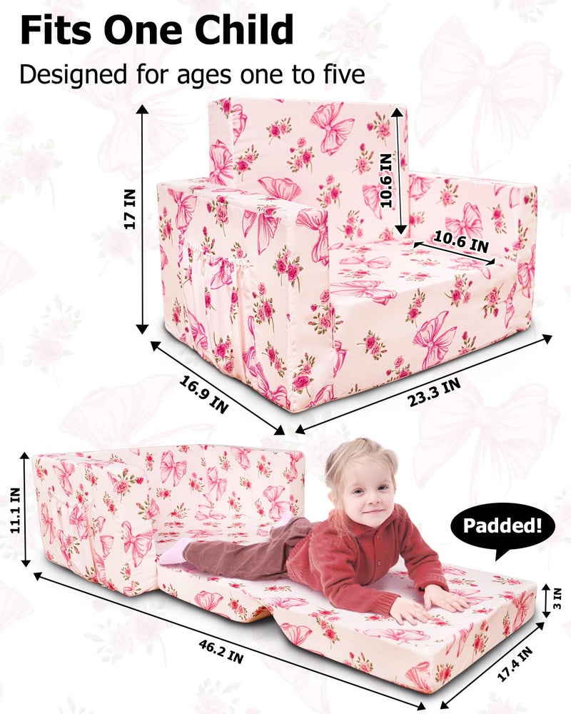 Beavtaens Kids Couch, 2-in-1 Kids Fold Out Couch, Convertible Sofa to Lounger for Girls and Boys, Soft Toddler Chairs Comfy 1-3 Years Old(Pink Bow) - Image 5