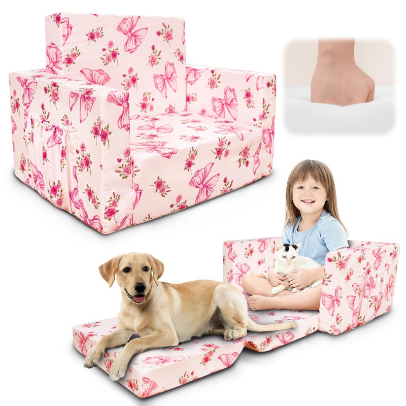 Beavtaens Kids Couch, 2-in-1 Kids Fold Out Couch, Convertible Sofa to Lounger for Girls and Boys, Soft Toddler Chairs Comfy 1-3 Years Old(Pink Bow) - Image 1
