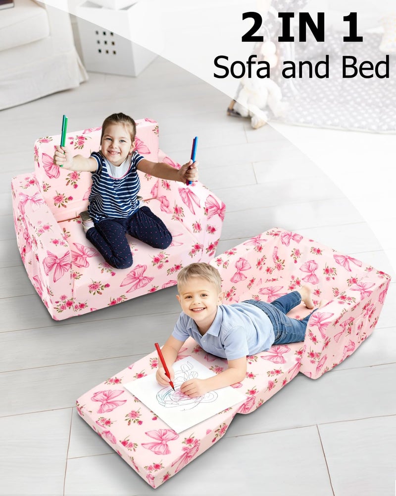 Beavtaens Kids Couch, 2-in-1 Kids Fold Out Couch, Convertible Sofa to Lounger for Girls and Boys, Soft Toddler Chairs Comfy 1-3 Years Old(Pink Bow) - Image 3