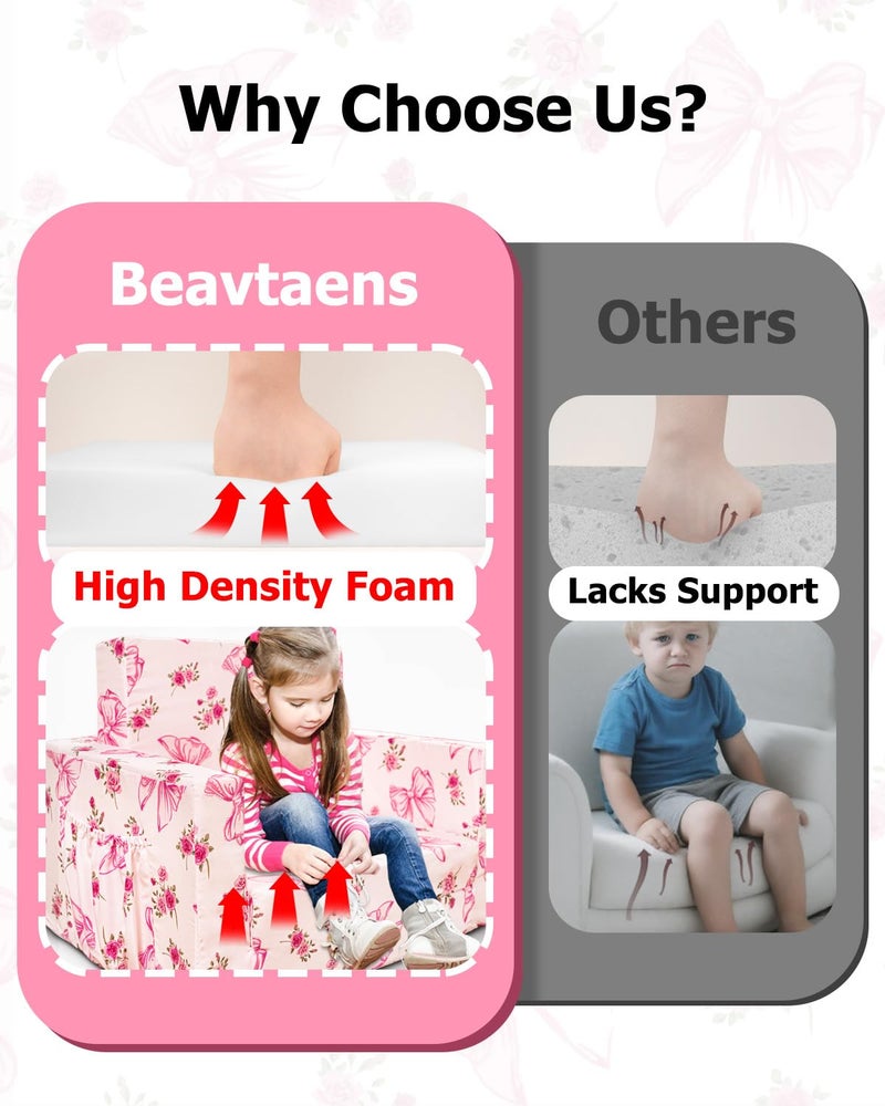 Beavtaens Kids Couch, 2-in-1 Kids Fold Out Couch, Convertible Sofa to Lounger for Girls and Boys, Soft Toddler Chairs Comfy 1-3 Years Old(Pink Bow) - Image 4