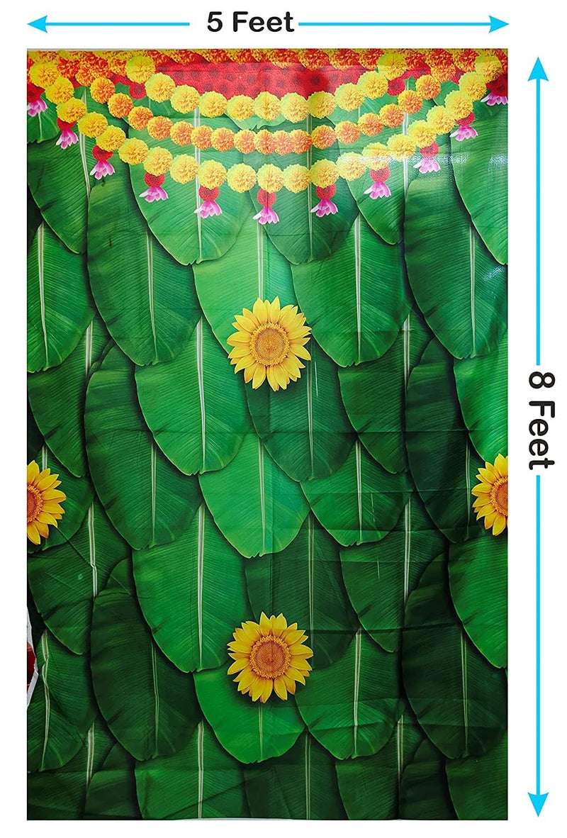 S2S قماش خلفية ورق الموز لتزيين البوجا التقليدي، قماش تزيين خلفية لستارة خلفية البوجا للمهرجان - (الحجم - 5x8 قدم) (ورق موز كبير مع زهور الشمس) - Image 2