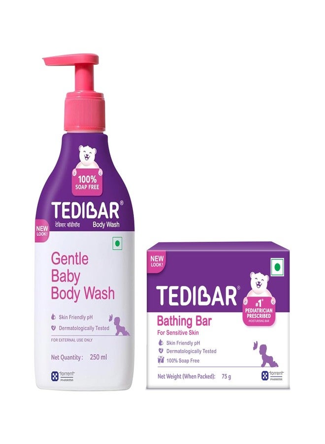 Tedibar Rich Moisturising Baby Body Wash 250ml with Skin Friendly PH | 100% Soap & Alkali Free With Tedibar Moisturising Baby Bathing Bar 75g(Pack of 1) with Skin Friendly PH- By Torrent Pharma - Image 1