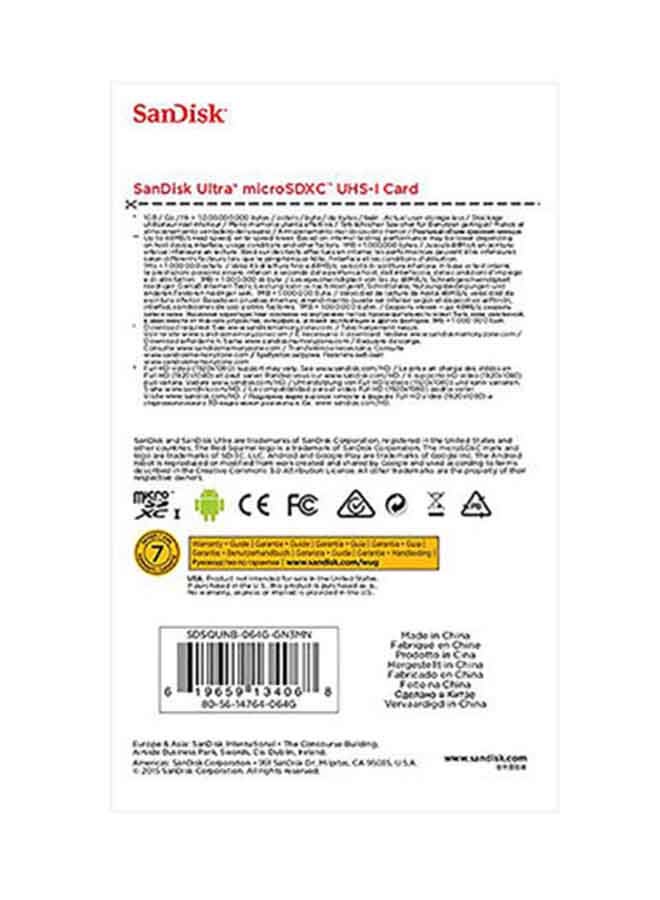 سانديسك بطاقة Ultra 64GB بسرعة 100 ميجابايت/ثانية UHS-I فئة 10 Micro SDXC SDSQUNR-064G-GN3MN 64.0 جيجابايت - Image 4