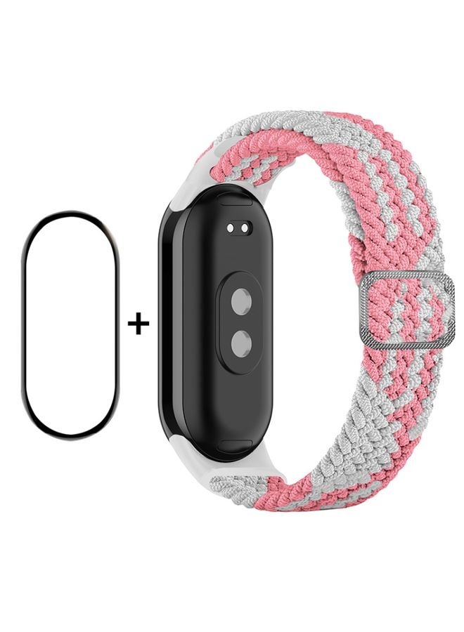 Replacement Strap For Xiaomi Mi Band 8 ENKAY Hat-Prince 2 in 1 Set Full Coverage Screen Protector + Elastic Braided Nylon Watch Band Pink White